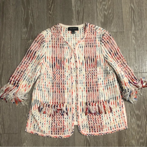 St John Ribbon Fringe Macro Plaid Cardigan Jacket in Blush Sz 6 - Picture 3 of 11